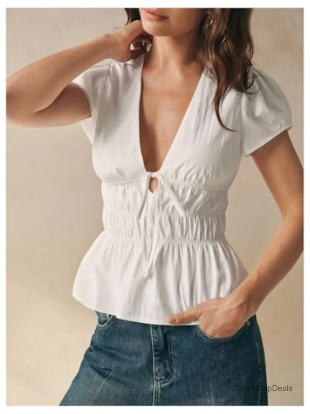 Women's Peplum Puff Sleeve Babydoll Top Deep V Neck Tie Front Going Out Blouse